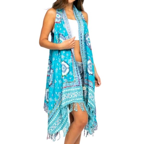 RAJ  Imports Turquoise Embroidered Vest Boho One Size Fringe India Molly Fringe - Picture 2 of 3